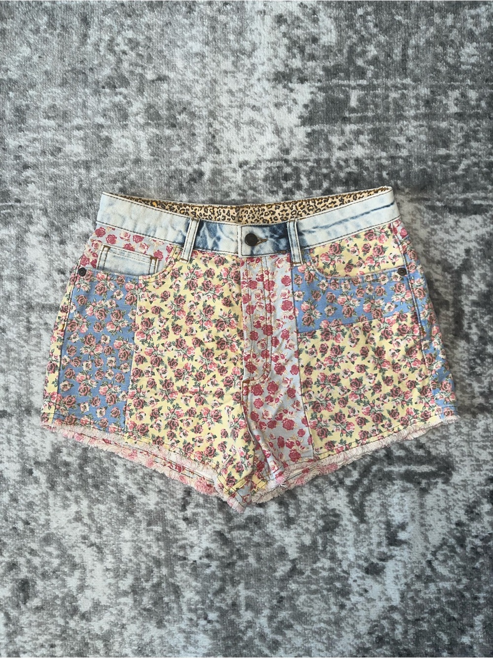Farm Rio Ultra High-Rise Patchwork Denim Shorts
